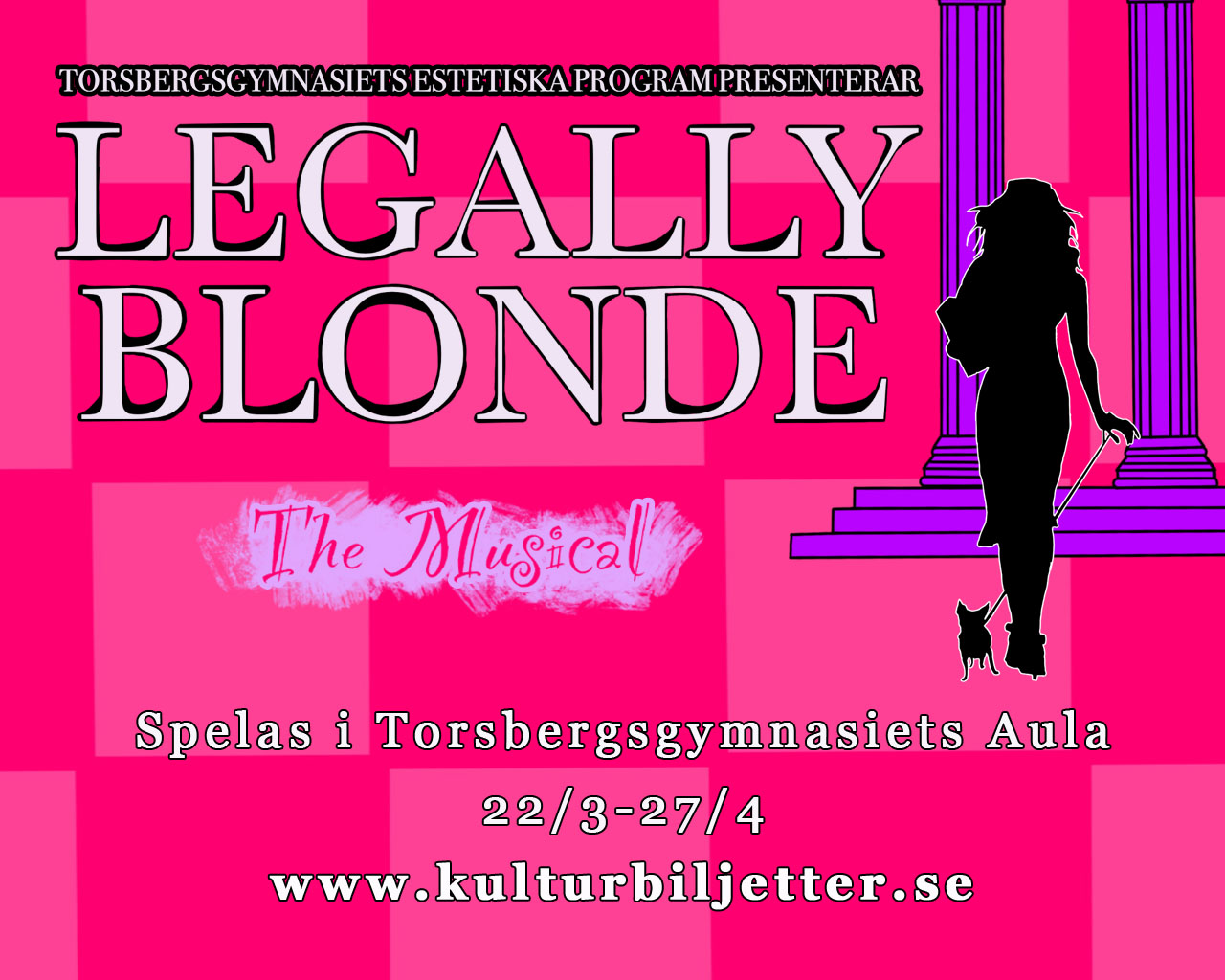 Legally blonde - the musical. Siluett av kvinna med liten hund. 22/3-27/4 www.kulturbiljetter.se, Torsbergsgymnasiets aula.